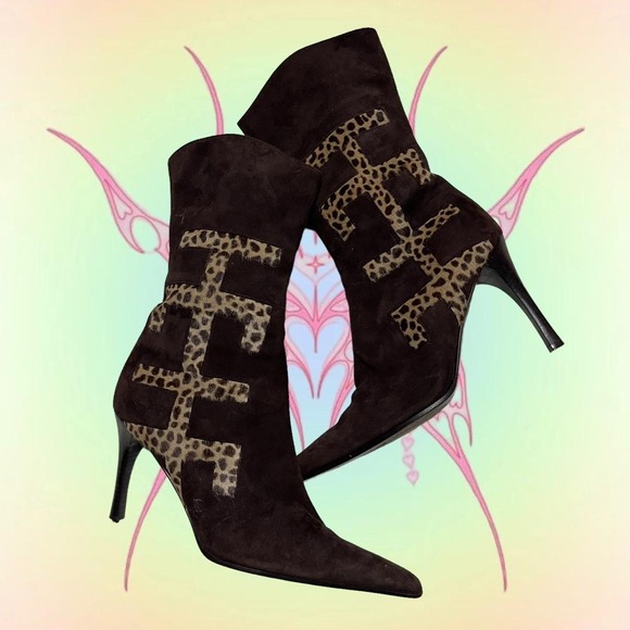 Vintage Lerre Mid-Calf Pointed Toe Brown Boots with Leopard Details - Picture 1 of 8